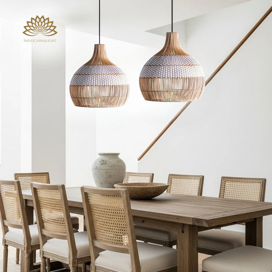 Beatrice White Dome Basket Rattan Pendant Light Hanging over dining table
