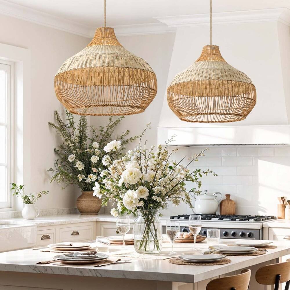 Beatrice White Dome Basket Rattan Pendant Lights over Kitchen Island