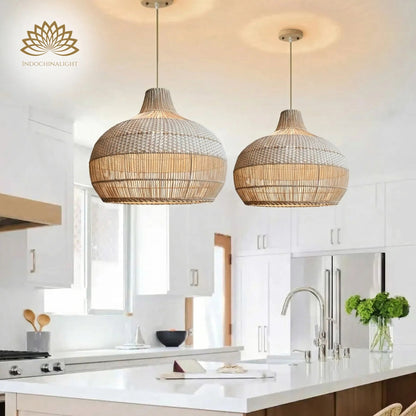 Beatrice White Rattan Dome Basket Pendant Light over Boho Kitchen Island