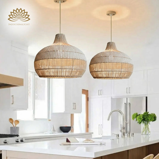 Beatrice White Rattan Dome Basket Pendant Light over Boho Kitchen Island