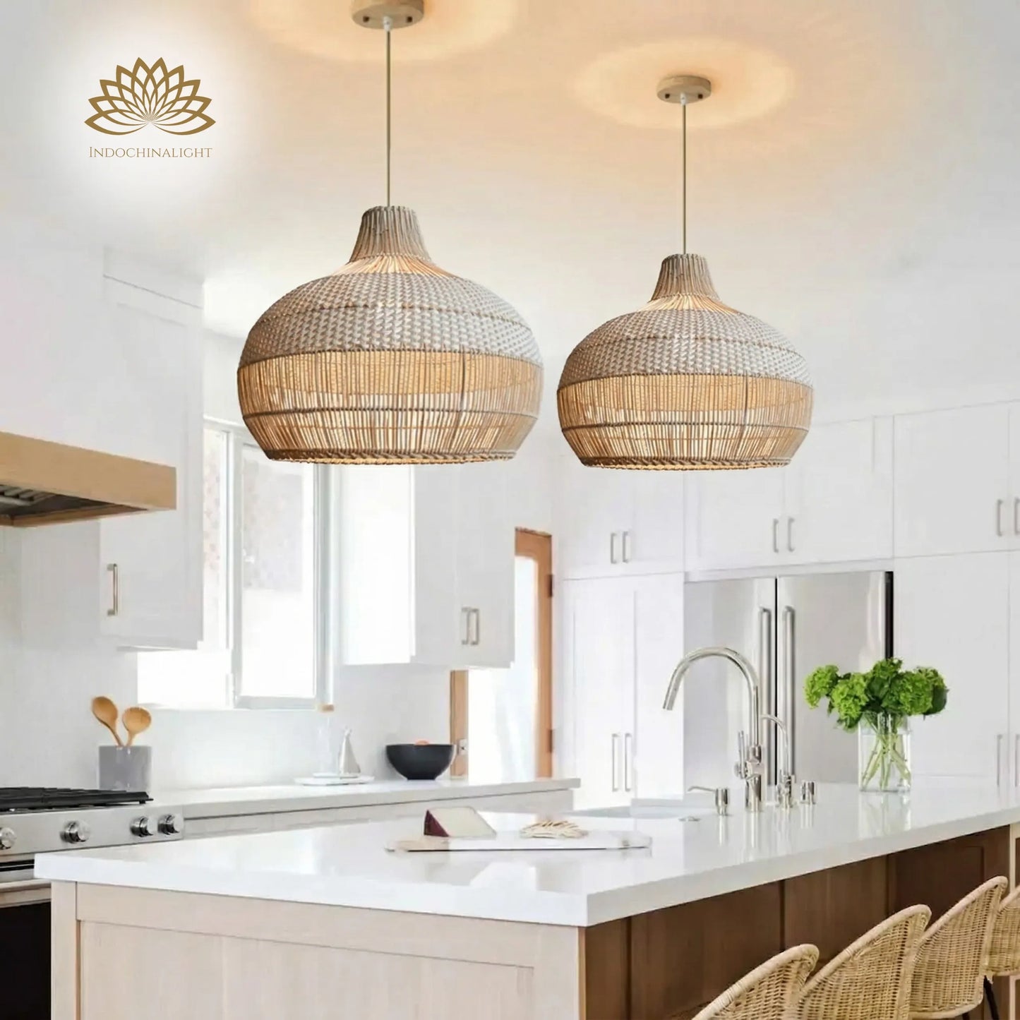 Beatrice White Rattan Pendant Light over Boho Kitchen Island