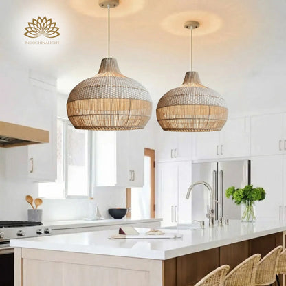 Beatrice White Rattan Pendant Light over Boho Kitchen Island