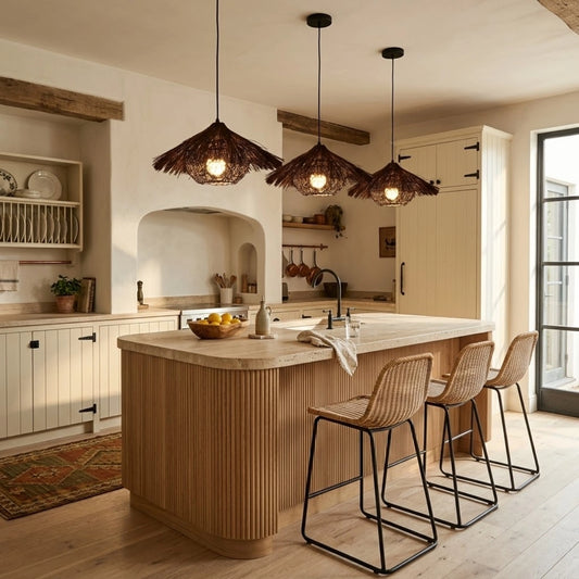 Begie Straw Hat Rattan Black Pendant Light in Boho Kitchen Island