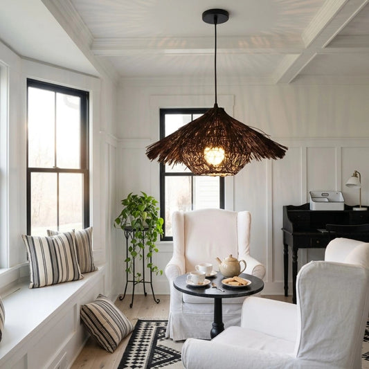 Begie Straw Hat Rattan Black Pendant Light Living Room