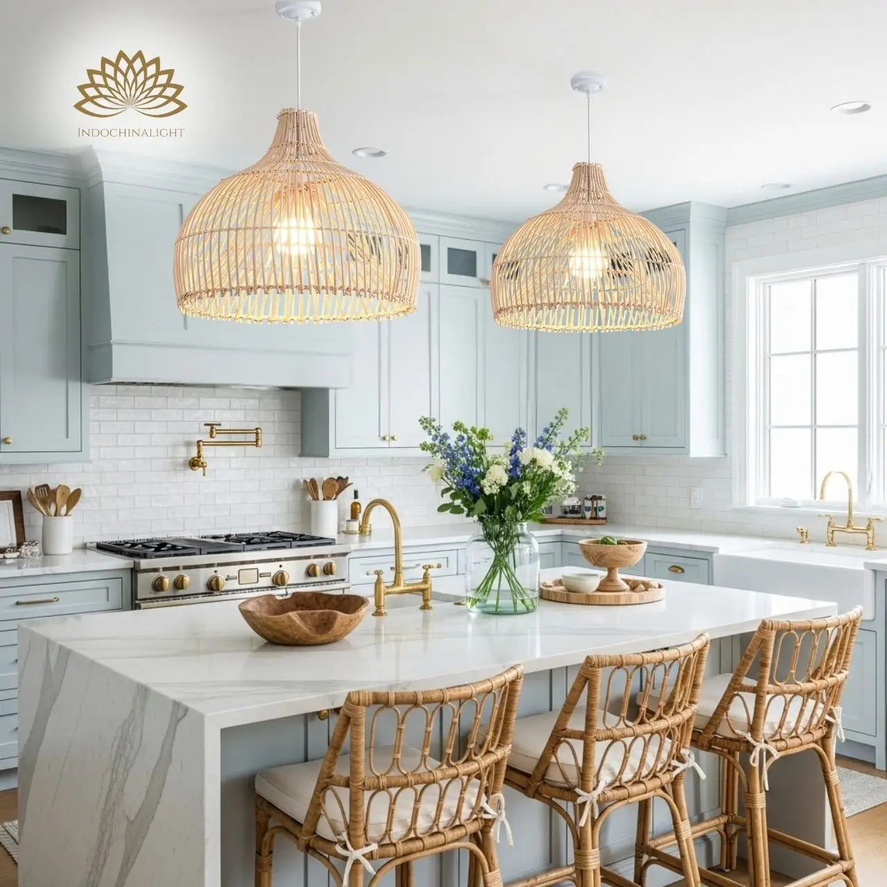 Belle Dome Rattan Pendant Light for kitchen island