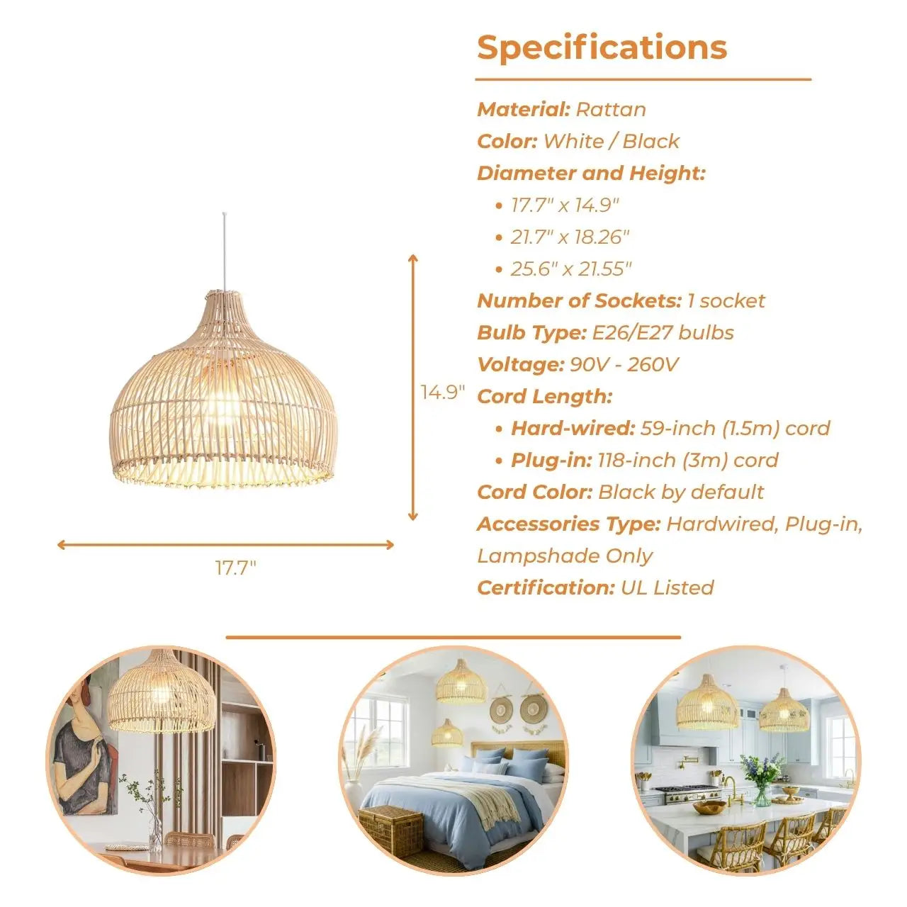 Belle Dome Rattan Pendant Light's specifications