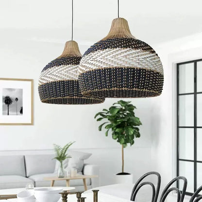 black mix white wicker rattan pendant light