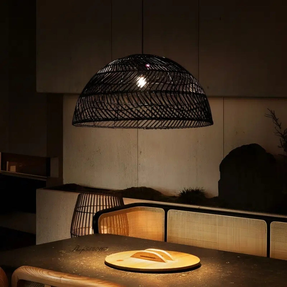 black-rattan-dome-pendant-light