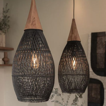 black wabi sabi rattan wood pendant light fixtures when the light is on