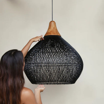 black wabi sabi rattan wood pendant light