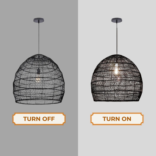 black wicker rattan pendant light when the light is on and off