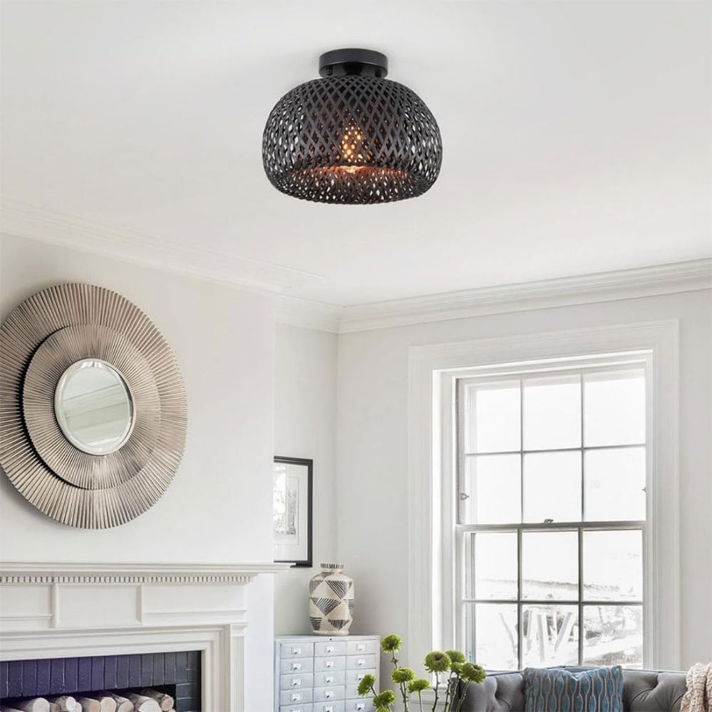 black woven bamboo pendant light flush mount