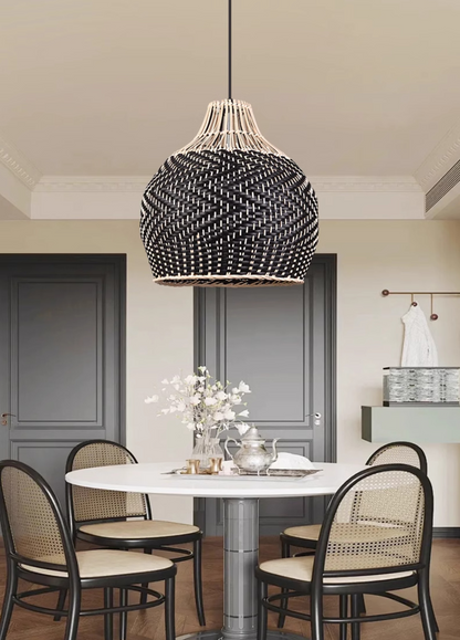 Blacorb Rattan Black Wicker Pendant Light over Minimalist Dining Room