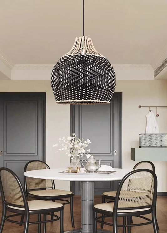 Blacorb Rattan Black Wicker Pendant Light over Minimalist Dining Room