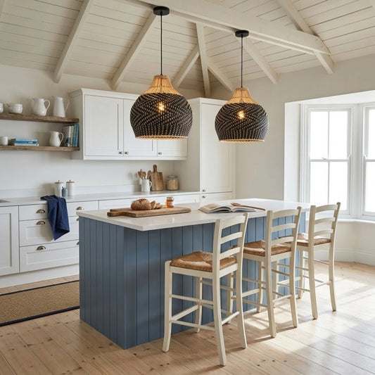 Blacorb Small Black Wicker Rattan Pendant Light in Coastal Kitchen Island