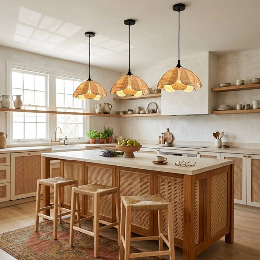 Bloom Wabi Sabi Small Rattan Pendant Light in Boho Kitchen Island