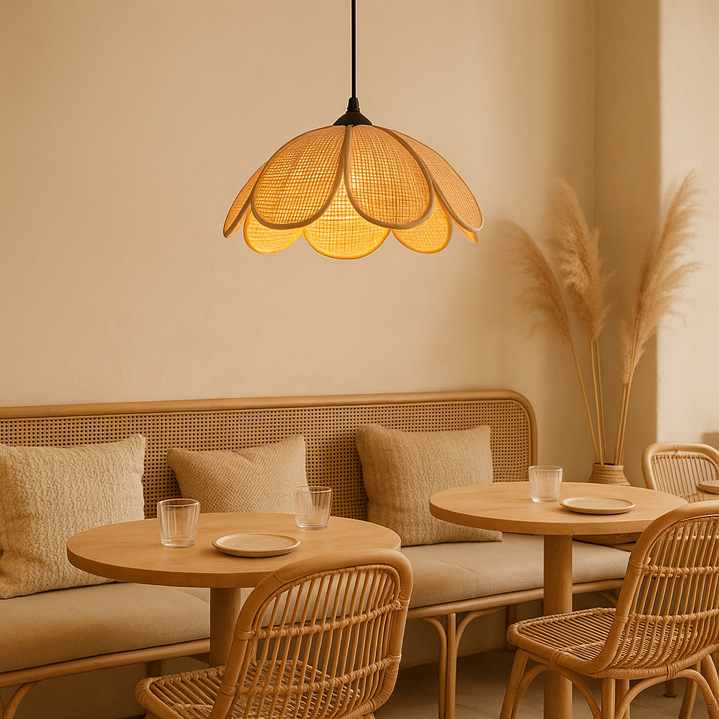 bloom rattan pendant light fixture in boho  style cafe