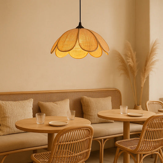 bloom rattan pendant light fixture in boho  style cafe