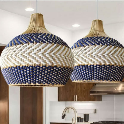 blue mix white wicker rattan pendant light