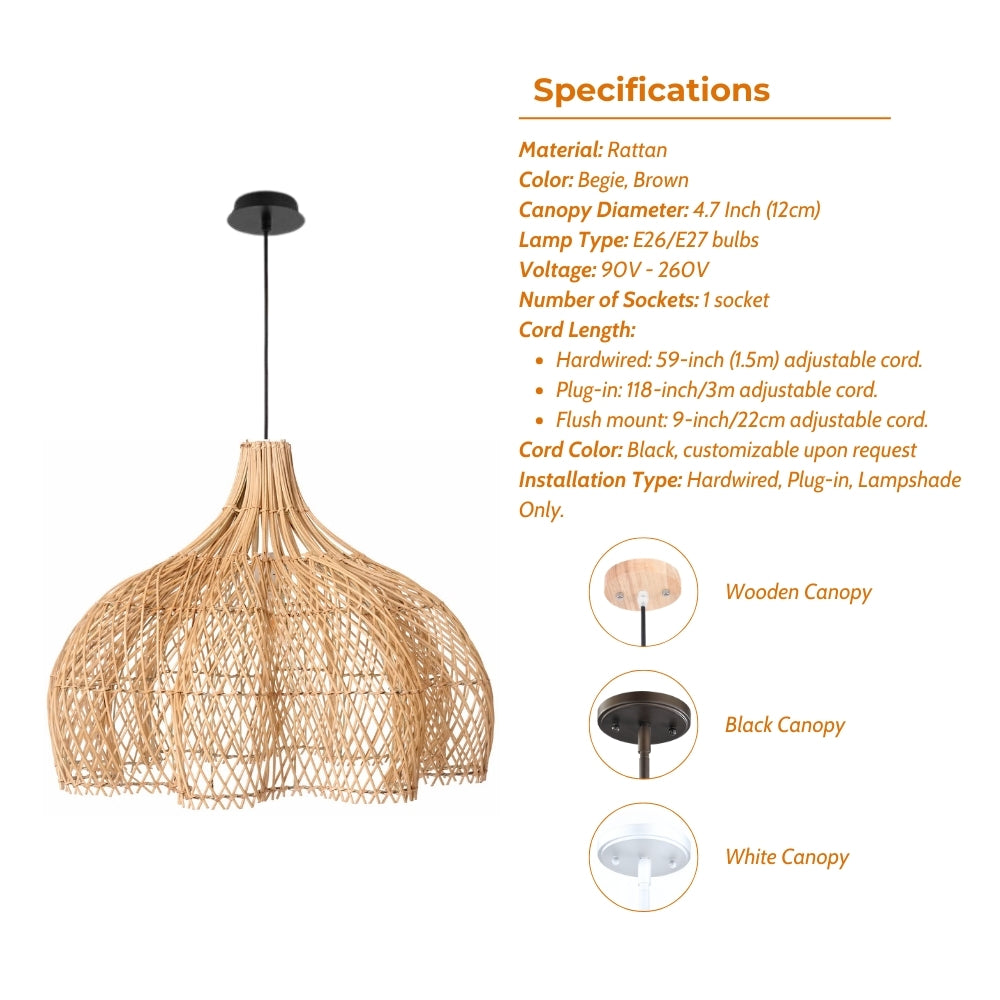 boho rattan whipped pendant light specifications