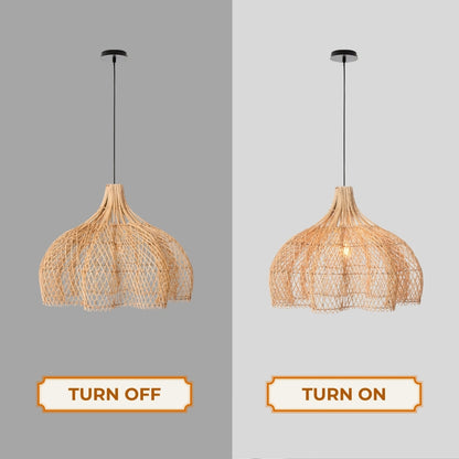 boho rattan whipped pendant light when the light is on and off