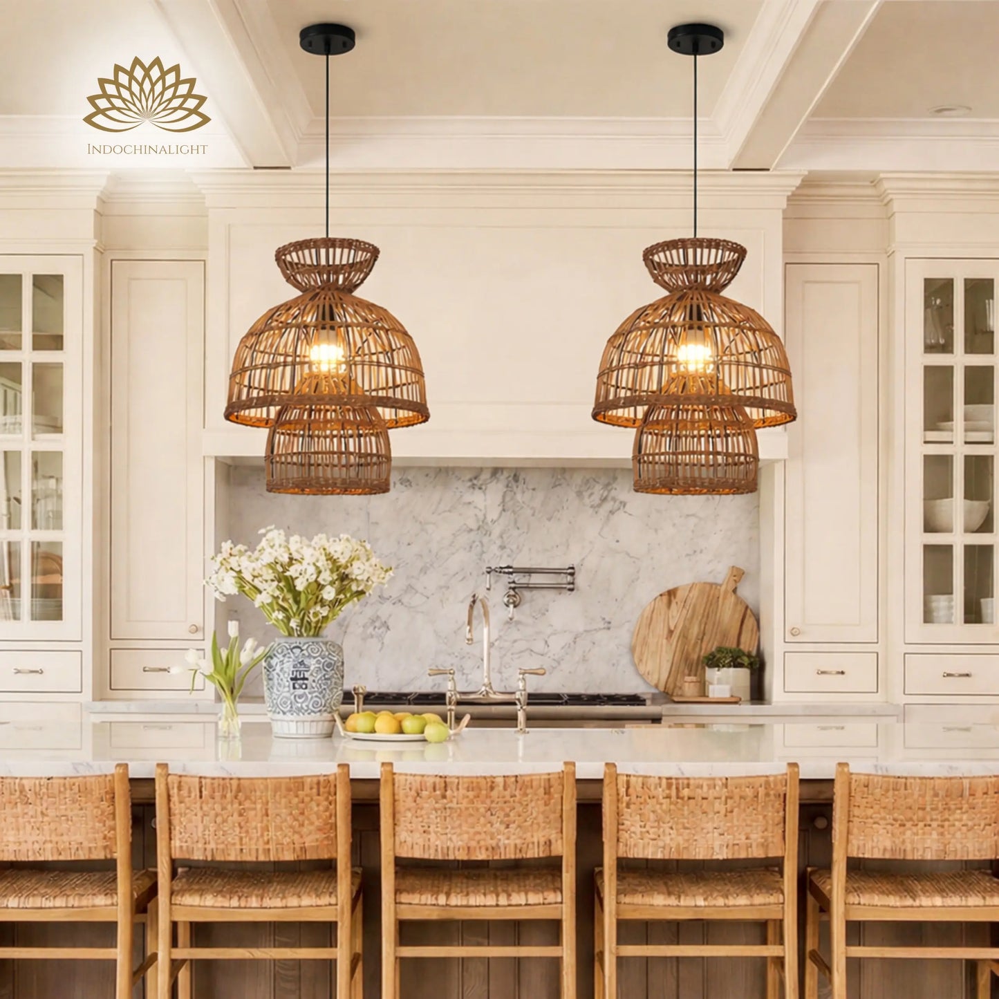 Boira II 16-Inch Rattan Pendant Light over Boho Kitchen Island