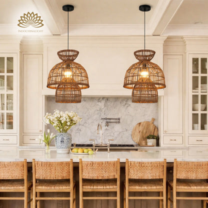 Boira II 16-Inch Rattan Pendant Light over Boho Kitchen Island