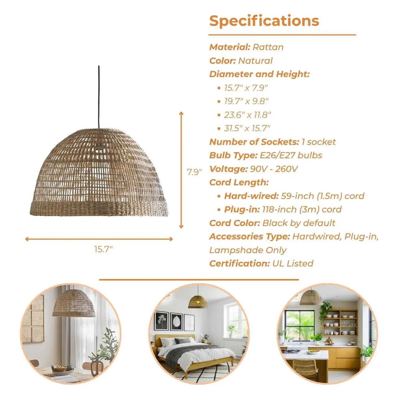 Bonin Dome Woven Pendant Light's specifications