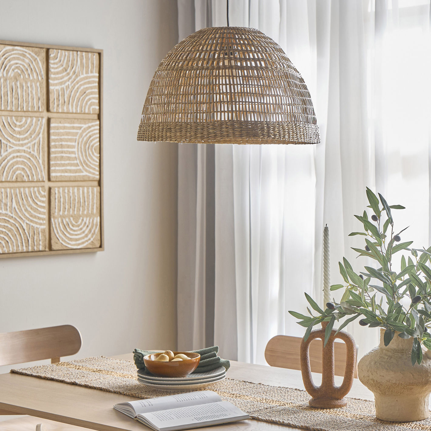 Bonin Large Dome Woven Rattan Pendant Light over Japandi Boho Table