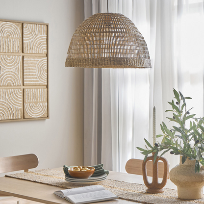 Bonin Large Dome Woven Rattan Pendant Light over Japandi Boho Table
