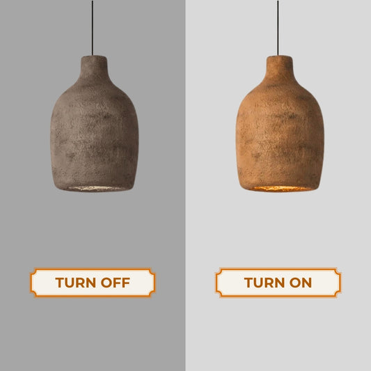 brown wabi sabi ceramic resin vase pendant light when the light is on and off
