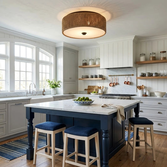 Brownell Rattan Drum Light Flush Mount in Coastal Kitchen Island