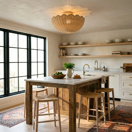 Bubble Rattan Flower Ceiling Light Scallop Shape in Boho Kitchen Island