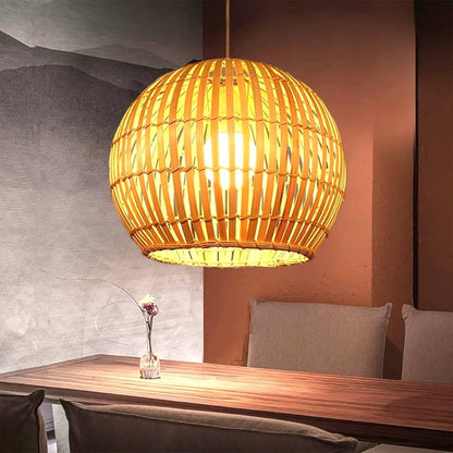 Calico Small Round Bamboo Pendant Light over Dining Table