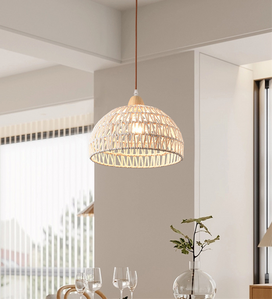 Campana Small White Rattan Basket Pendant Lights above coffee table