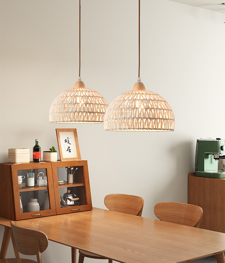 Campana Small White Rattan Basket Pendant Lights in Dining Room