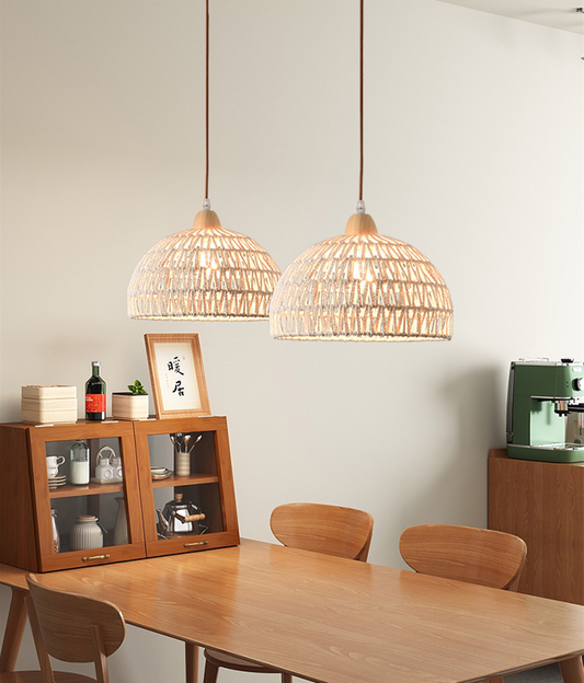 Campana Small White Rattan Basket Pendant Lights in Dining Room