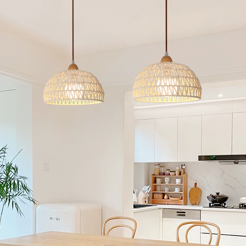Campana Small White Rattan Basket Pendant Lights in Kitchen