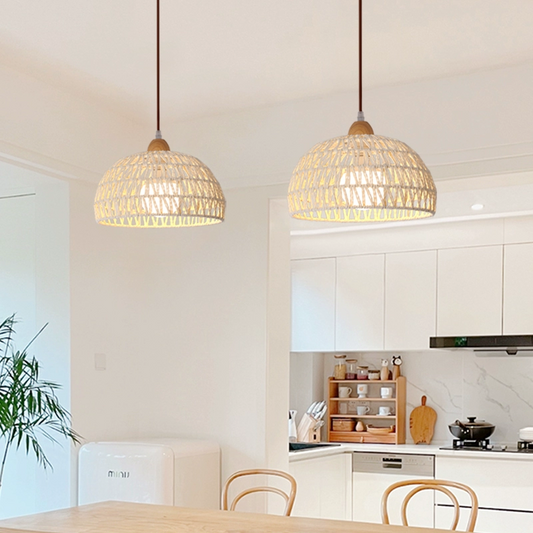 Campana Small White Rattan Basket Pendant Lights in Kitchen