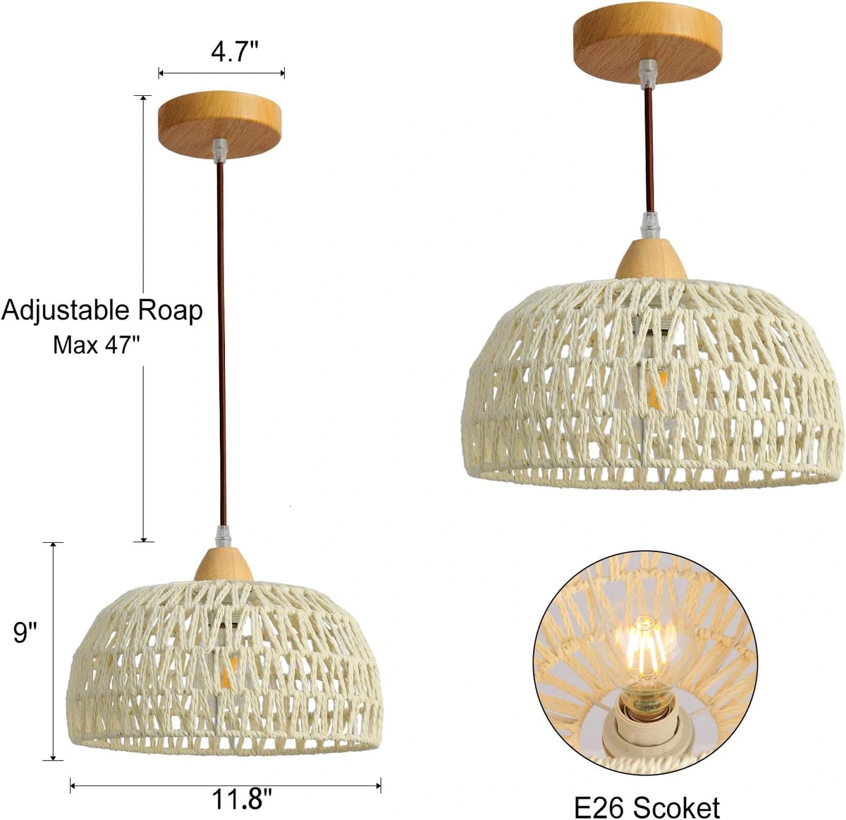 Campana Small White Rattan Dome Basket Hang Light with Wooden Canopy