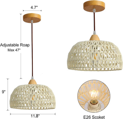 Campana Small White Rattan Dome Basket Hang Light with Wooden Canopy