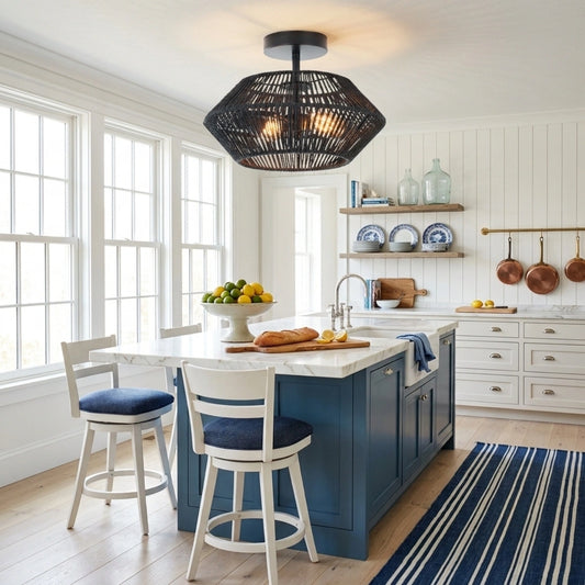 Capslpad Black Rattan Ceiling Light in Coastal Kitchen Island