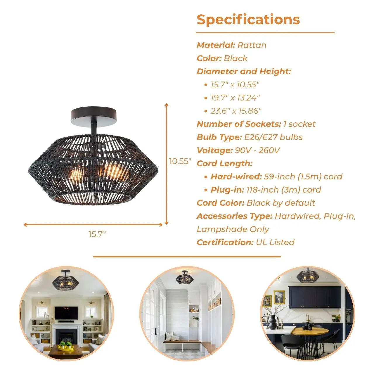 Capslpad Black Rattan Ceiling Light's specifications