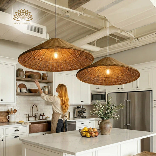 carter cone wicker rattan pendant lights over kitchen island