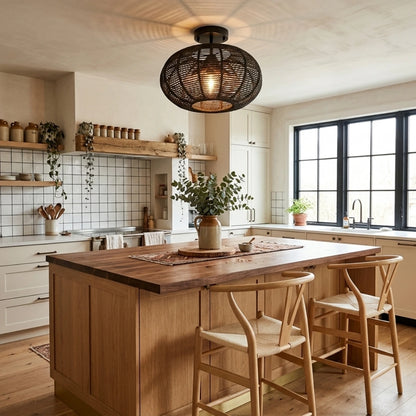 Cashmere Black Round Rattan Light Fixture Flush Mount in Boho Kitchen Island