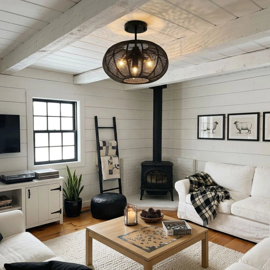 Black rattan light fixture - Cashmere Organic Modern 3-light flush mount for living room