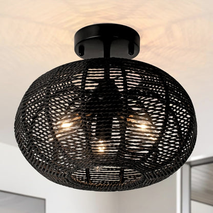 Cashmere Black Round Rattan Light Fixture - Flush Mount