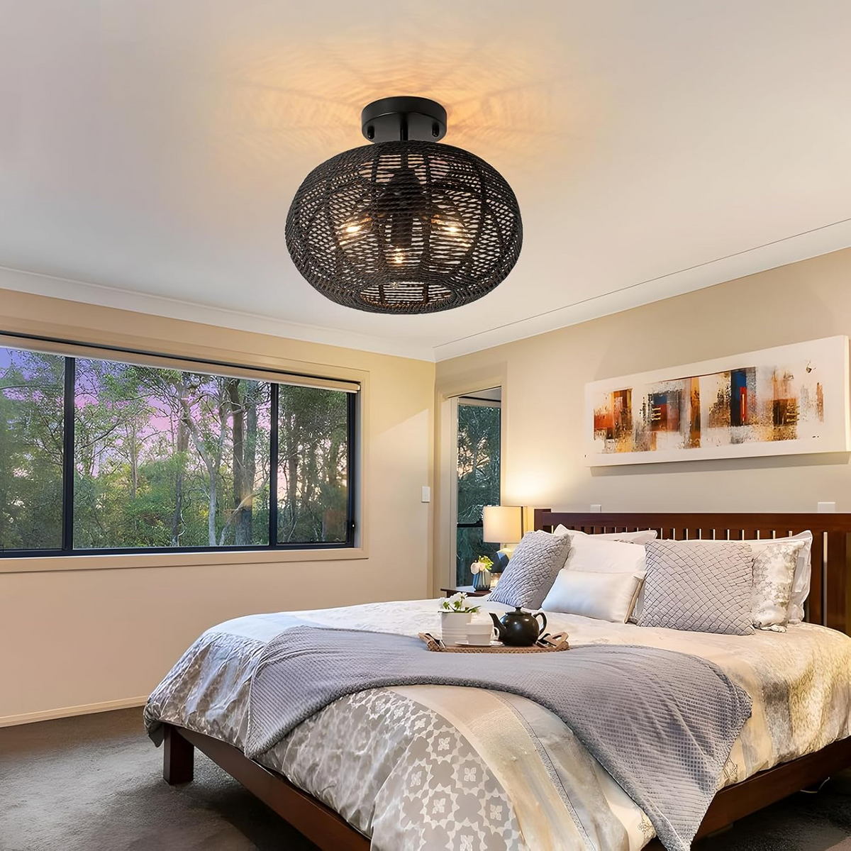 Cashmere Black Round Rattan Light Fixture in Scandinavian Bedroom