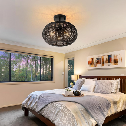 Cashmere Black Round Rattan Light Fixture in Scandinavian Bedroom