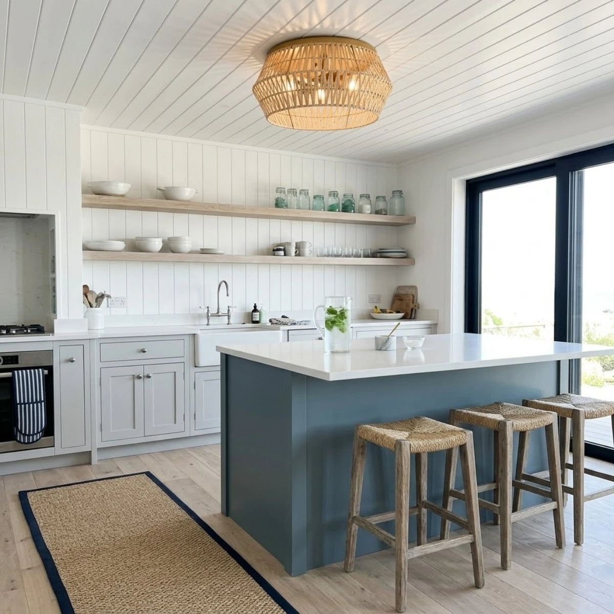 Cattleya Boho Rattan Ceiling Light in Coastal Kitchen Island
